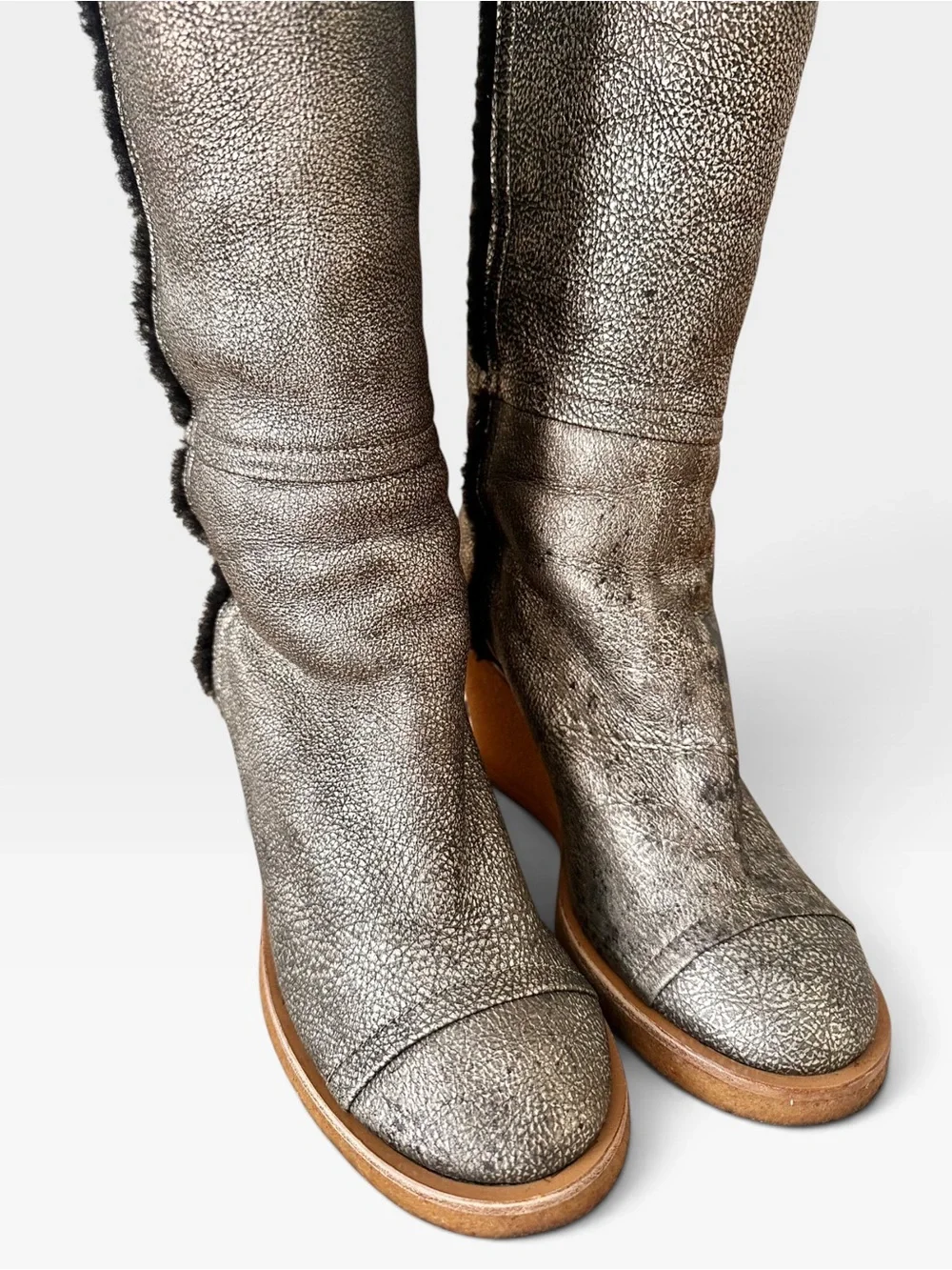 Chanel Karl Lagerfeld Rare Distressed Metallic Sheepskin Shearling Wedge Boot 40